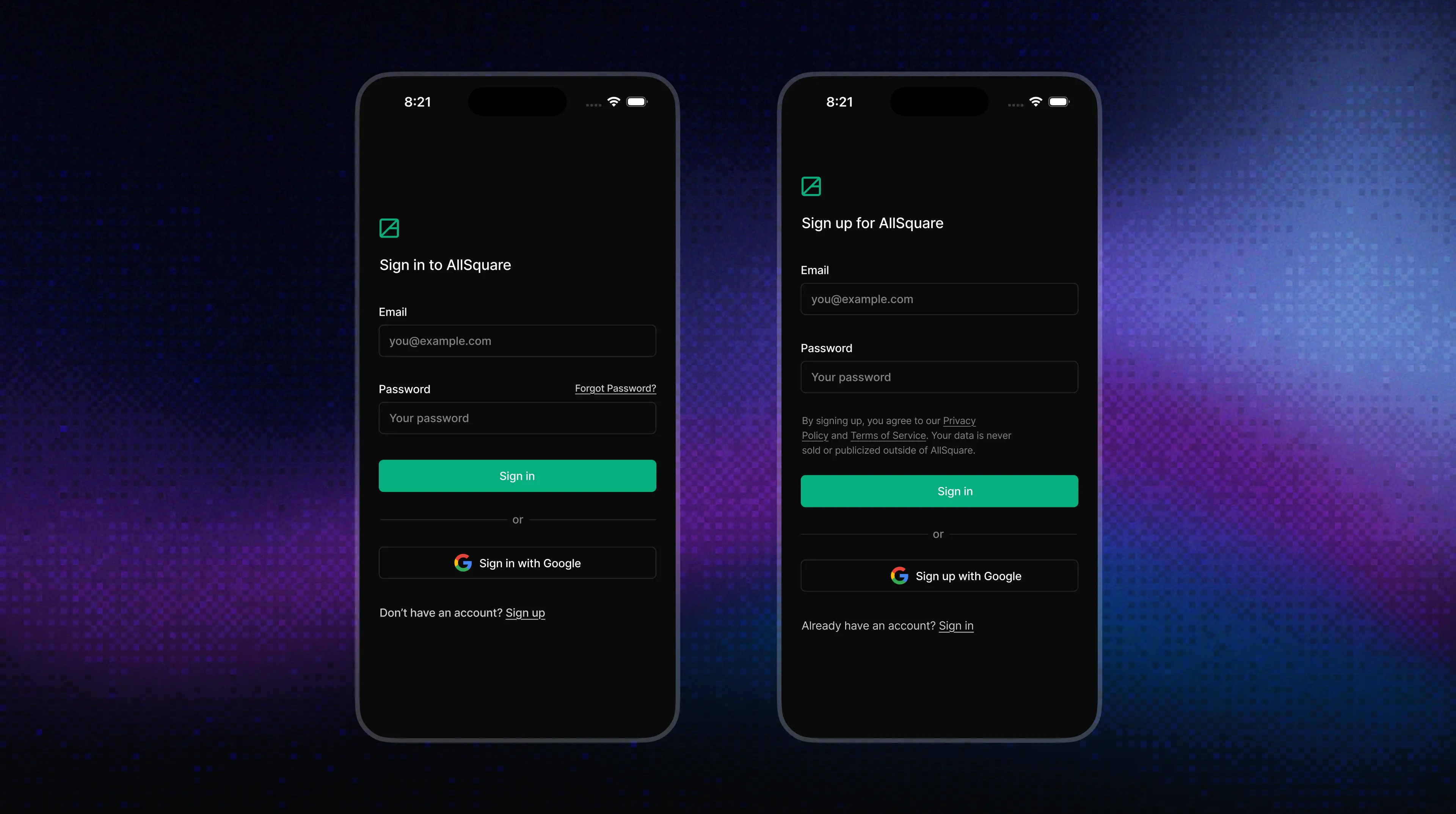 AllSquare auth mobile