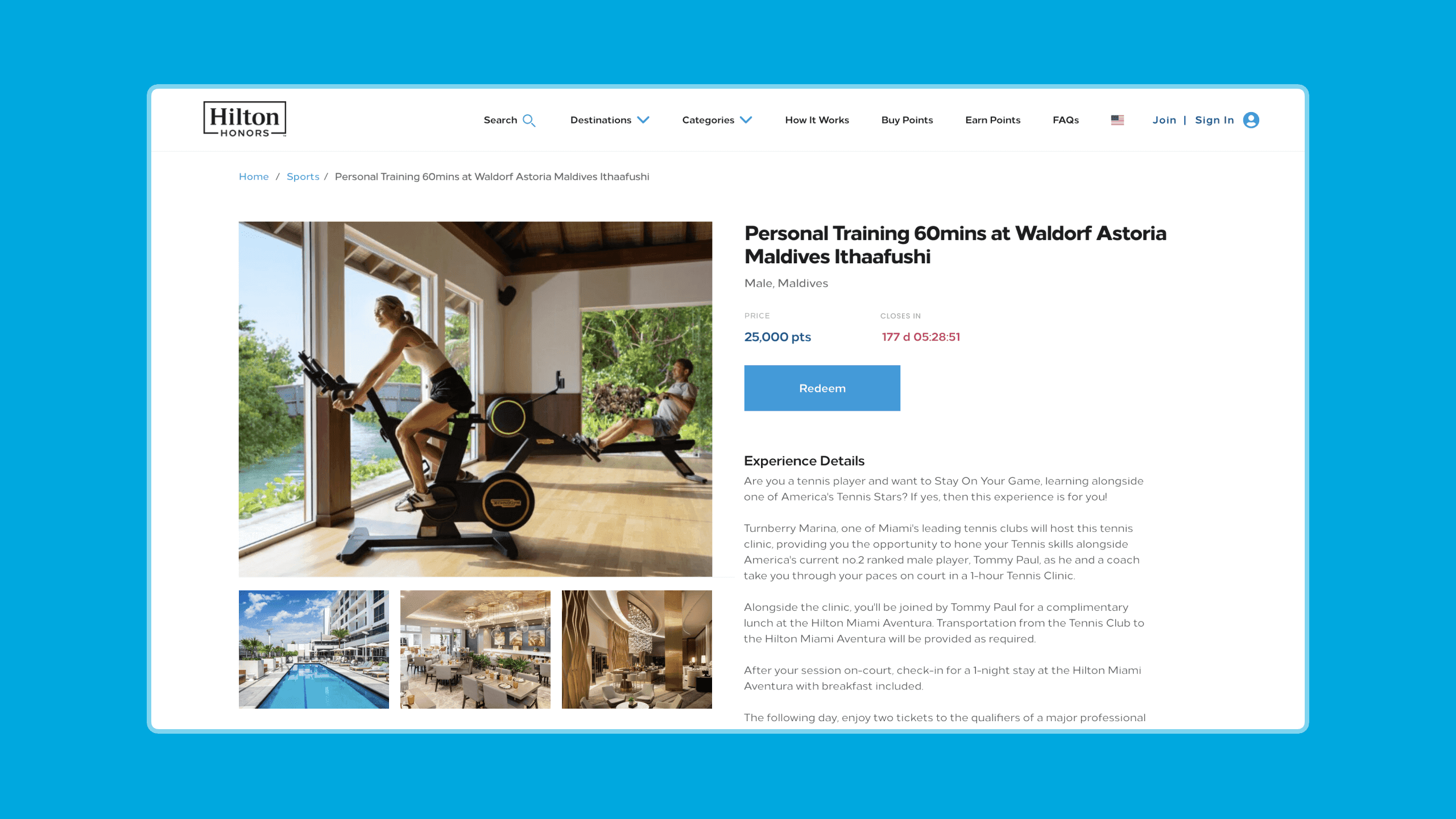 Hilton Honors Experiences auction page