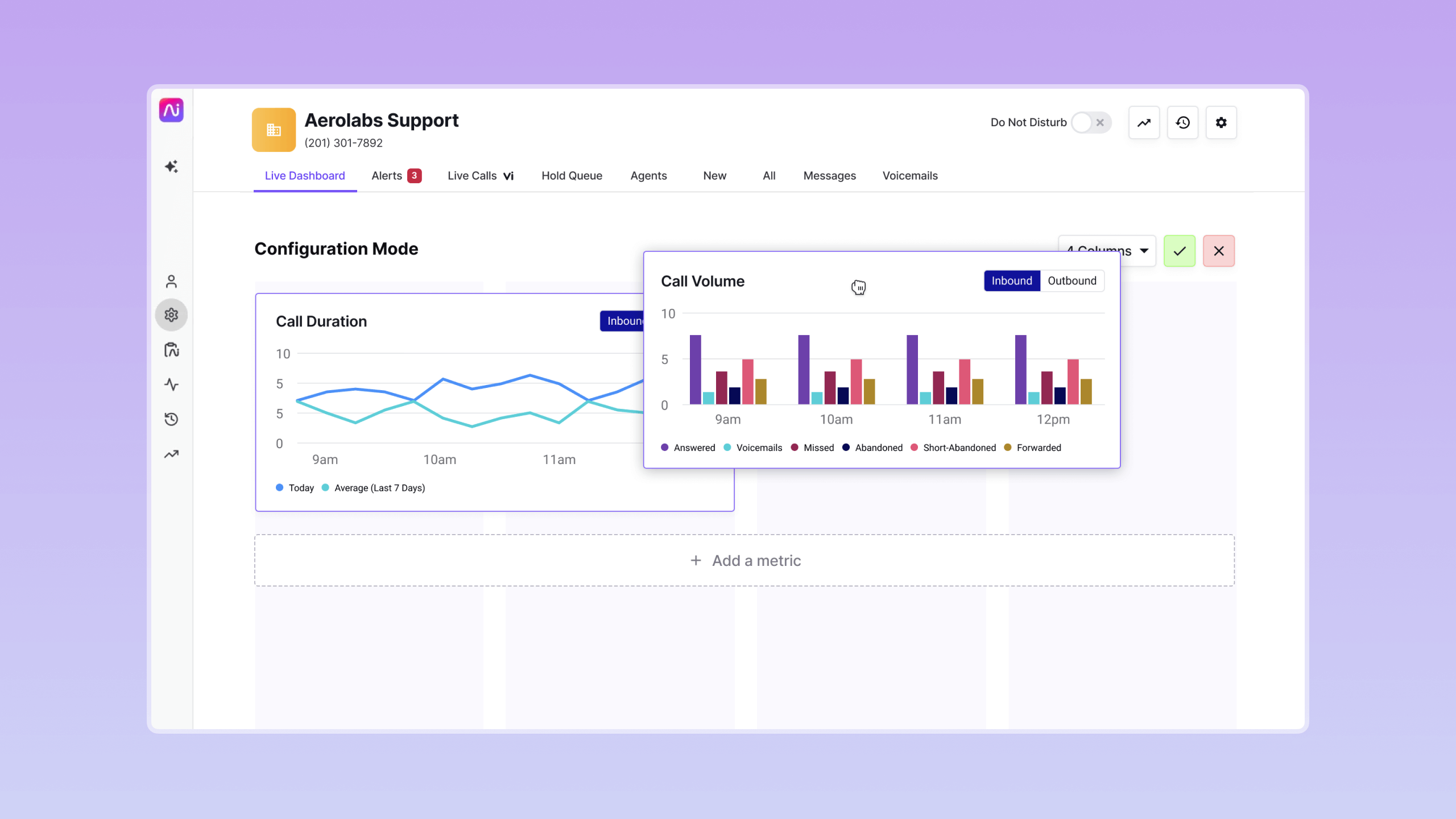Dialpad dashboard configuration mode with movable and configurable metric cards