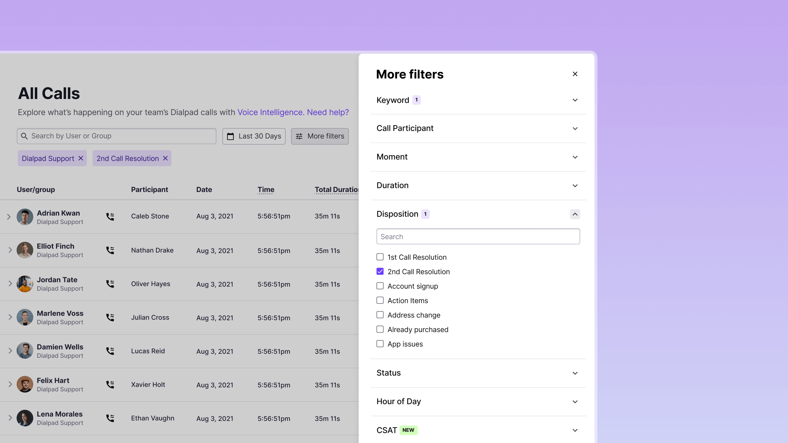 Dialpad call history with an advanced filter panel and visible active filters